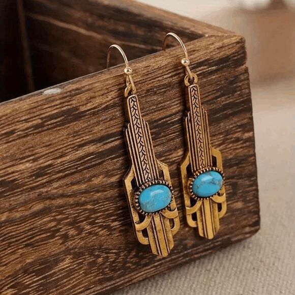 Boho Western Geometric Turquoise Dangle Earrings - Picture 2 of 6